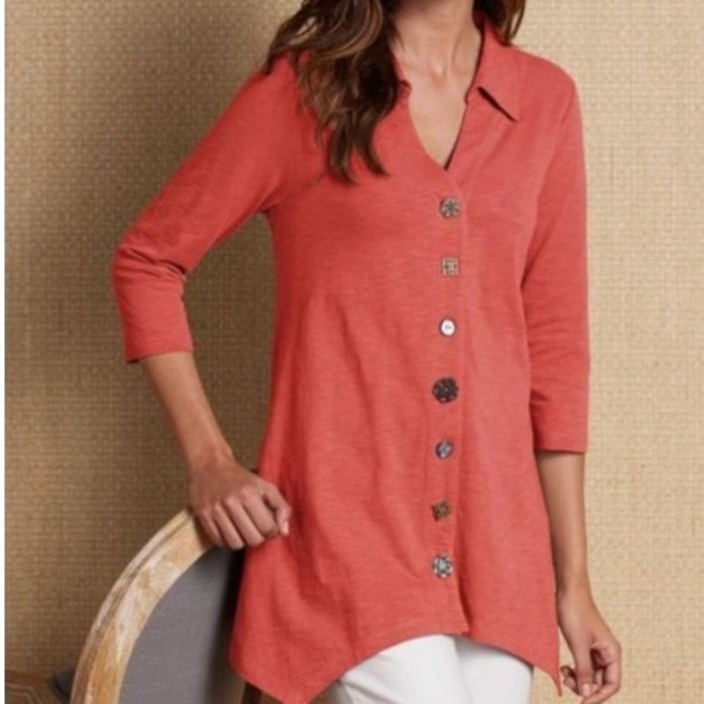 Soft Surroundings Danielle Mixed Button Cotton Tunic Top in Orange Size XL